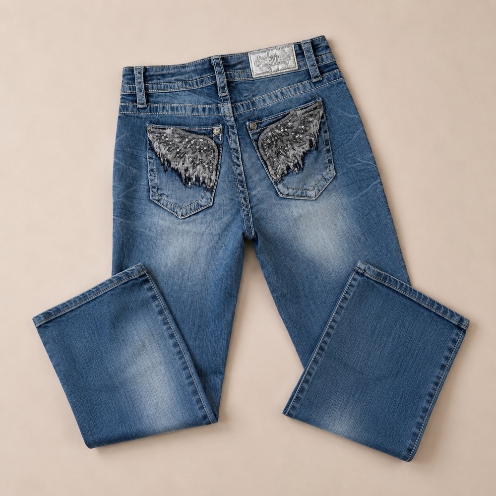 Miss Me‎ Signature Bootcut Angel Wing Sequin Jeans Blue J3252BR Size 28